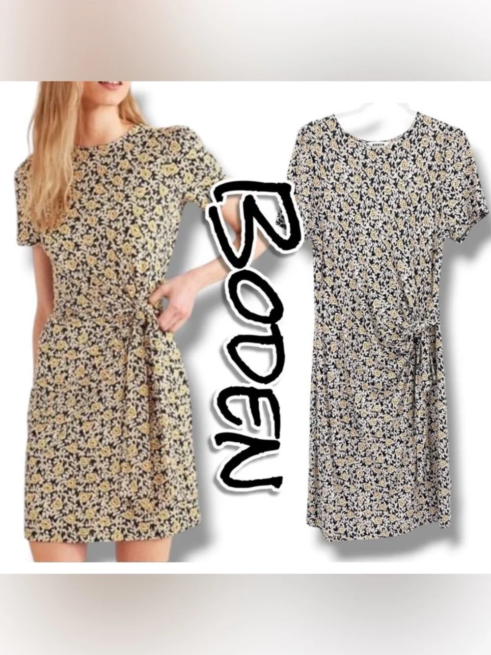 Boden Knot Front Floral Print Jersey Dress, Black/Clover Swirl size 6 R